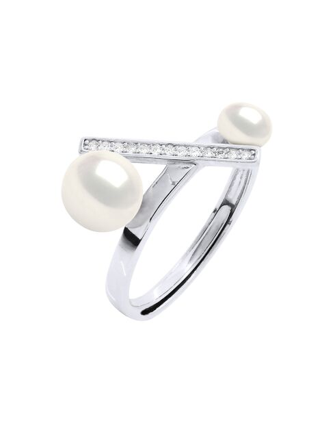 Bague ajustable Barette Argent Rhodié, Zircone & Perles d'Eau Douce boutons blanc naturel
