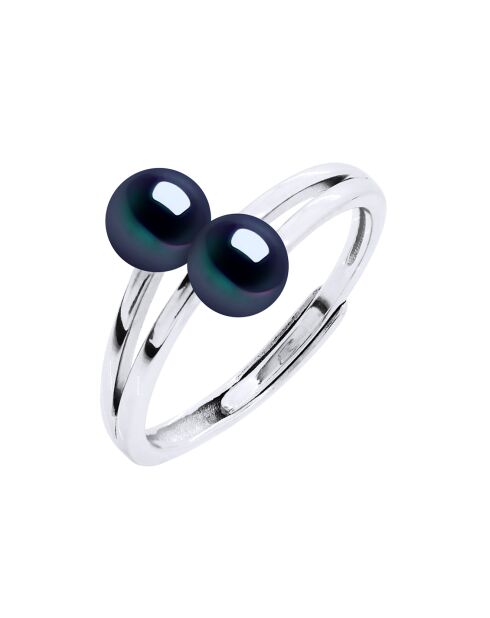 Bague ajustable Toi & Moi Argent rhodié & Perles d'Eau Douce boutons noires