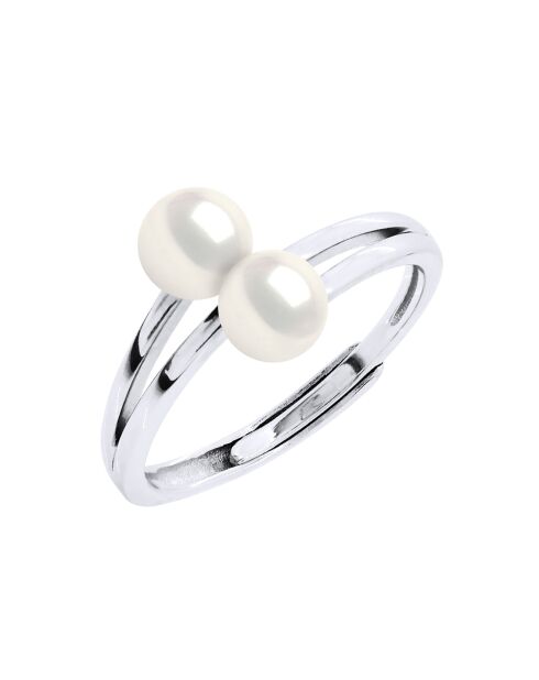 Bague ajustable Toi & Moi Argent rhodié & Perles d'Eau Douce boutons blanc naturel