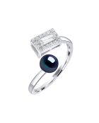 Bague ajustable Rectangulaire Argent Rhodié, Zircone & Perle d'Eau Douce bouton noire