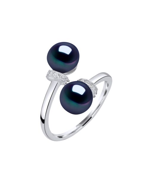 Bague ajustable Toi & Moi Argent rhodié, Zircone & Perles d'Eau Douce boutons noires