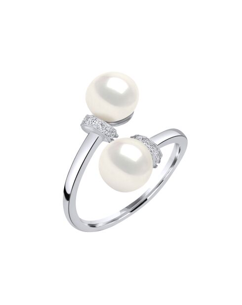 Bague ajustable Toi & Moi Argent rhodié, Zircone & Perles d'Eau Douce boutons blanc naturel
