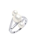 Bague ajustable Trilogy Argent rhodié, Zircone & Perles d'Eau Douce boutons blanc naturel