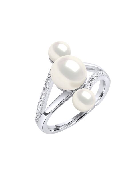 Bague ajustable Trilogy Argent rhodié, Zircone & Perles d'Eau Douce boutons blanc naturel