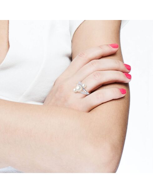 Bague ajustable Trilogy Argent rhodié, Zircone & Perles d'Eau Douce boutons blanc naturel