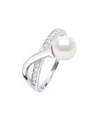Anello regolabile in argento rodiato, zirconi e perla d'acqua dolce rotonda bianca naturale