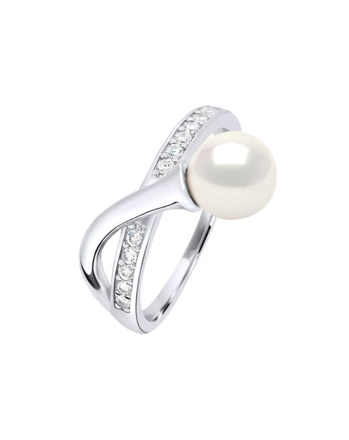 Bague ajustable Argent rhodié, Zircone & Perle d'Eau Douce ronde blanc naturel