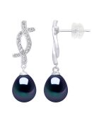 Boucles d'oreilles Pendantes Argent rhodié, Zircone & Perles d'Eau Douce poires noires