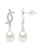 Boucles d'oreilles Pendantes Argent rhodié, Zircone & Perles d'Eau Douce poires blanc naturel