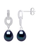 Boucles d'oreilles Pendantes Argent rhodié, Zircone & Perles d'Eau Douce poires noires