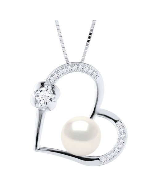 Collier Chaîne Vénitienne motif Cœur Perle de Culture d'Eau Douce bouton Argent