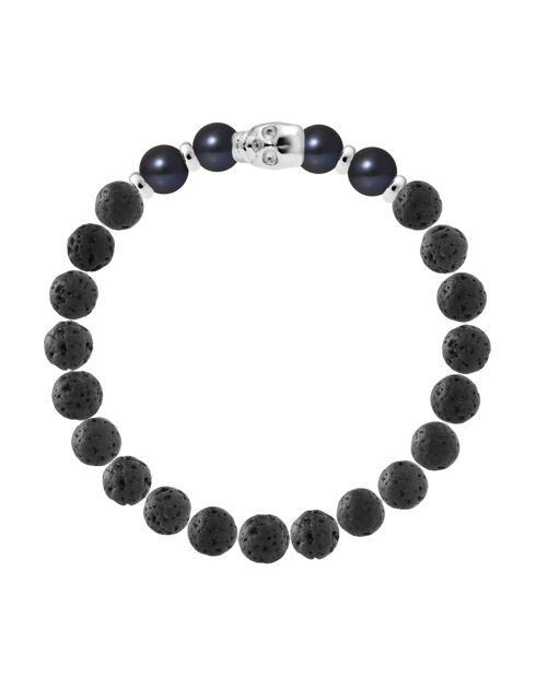 Armband aus Rhodiumsilber, Lavastein und schwarze halbrunde Süßwasserperlen