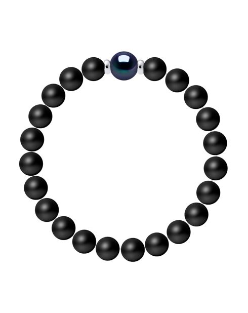 Braccialetto portafortuna in argento, perla d'acqua dolce e agate nere