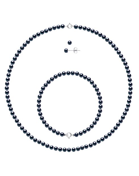 Parure Collier + Bracelet + Boucles d'Oreilles en Argent Rhodié & Perles d'Eau Douce noires