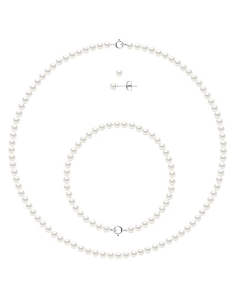 Parure Collier + Bracelet + Boucles d'Oreilles en Argent Rhodié & Perles d'Eau Douce blanc nacre naturel