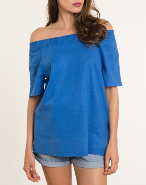 Azurblaue Bluse Malba aus Leinenmischung