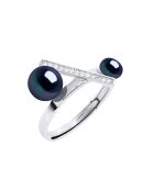 Bague ajustable Barette Argent rhodié, Zircone & Perles d'Eau Douce boutons noires