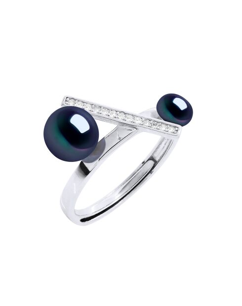 Bague ajustable Barette Argent rhodié, Zircone & Perles d'Eau Douce boutons noires
