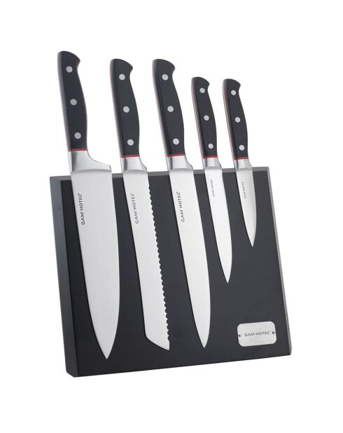 Bloc magnétique 5 couteaux Hiro noir/rouge - 26x20.2 cm