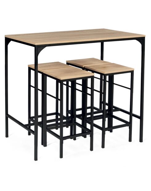 Ensemble Memphis Table Bar + 4 Tabourets bois/noir