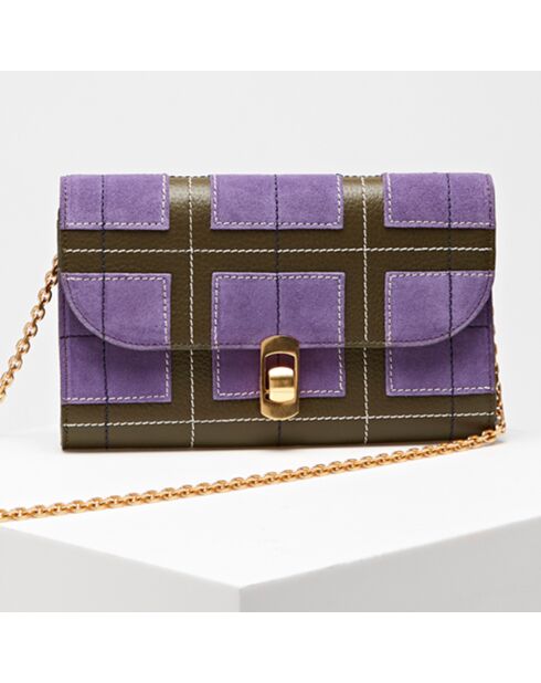 Pochette en Cuir & Velours de Cuir Zaniah Patch violet/kaki marron20x11.5 cm