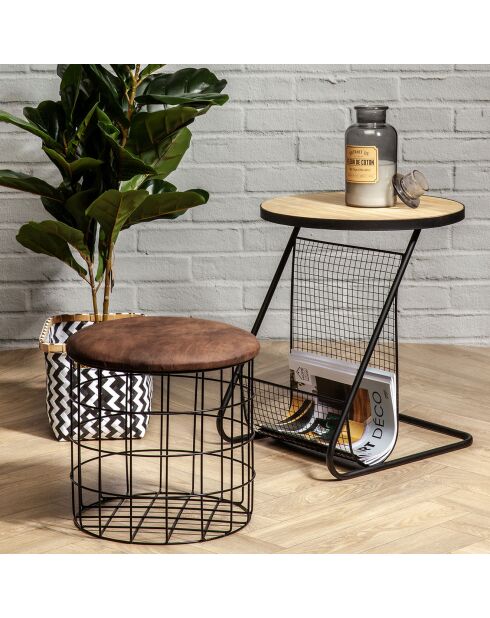 Table ronde range revues beige/noir - 41x41x48 cm