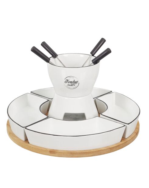 Fondue coffret support bambou coupelle 4 personnes bambou/noir/blanc - 30x30x19 cm