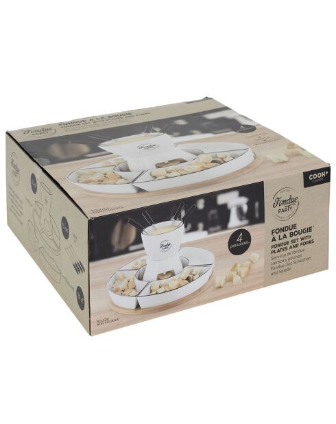 Fondue coffret support bambou coupelle 4 personnes bambou/noir/blanc - 30x30x19 cm