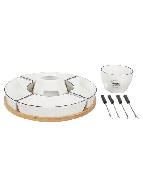 Fondue coffret support bambou coupelle 4 personnes bambou/noir/blanc - 30x30x19 cm