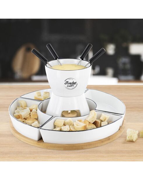 Fondue coffret support bambou coupelle 4 personnes bambou/noir/blanc - 30x30x19 cm