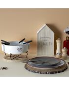 Service à fondue chauffe-plat et pique 4 personnes bambou/blanc/noir - 23x20x7 cm