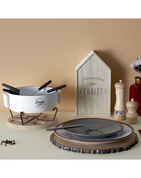 Service à fondue chauffe-plat et pique 4 personnes bambou/blanc/noir - 23x20x7 cm