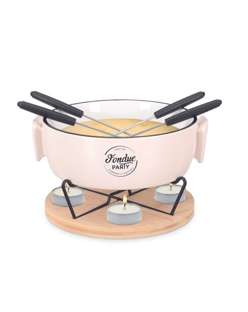 Service à fondue chauffe-plat et pique 4 personnes bambou/blanc/noir - 23x20x7 cm