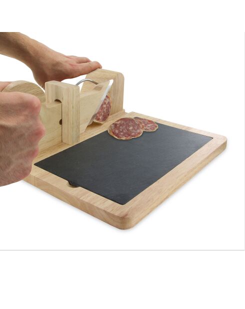 Trancheuse à charcuterie avec plateau ardoise bois/noir/inox - 29.20x28.70x11.5 cm