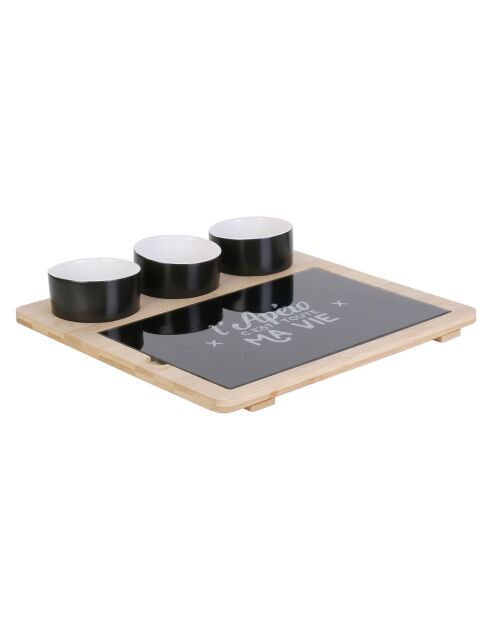 Plateau bambou avec planche et 3 coupelles bambou/noir/blanc - 27x26 cm