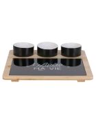Plateau bambou avec planche et 3 coupelles bambou/noir/blanc - 27x26 cm