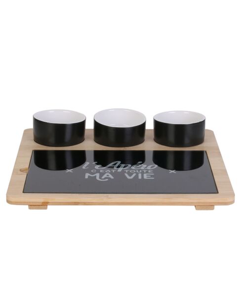 Plateau bambou avec planche et 3 coupelles bambou/noir/blanc - 27x26 cm