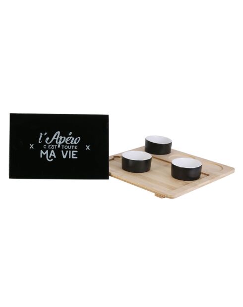 Plateau bambou avec planche et 3 coupelles bambou/noir/blanc - 27x26 cm