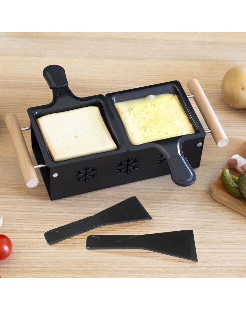 Raclette duo à la bougie bois/inox/noir - 32x11 cm