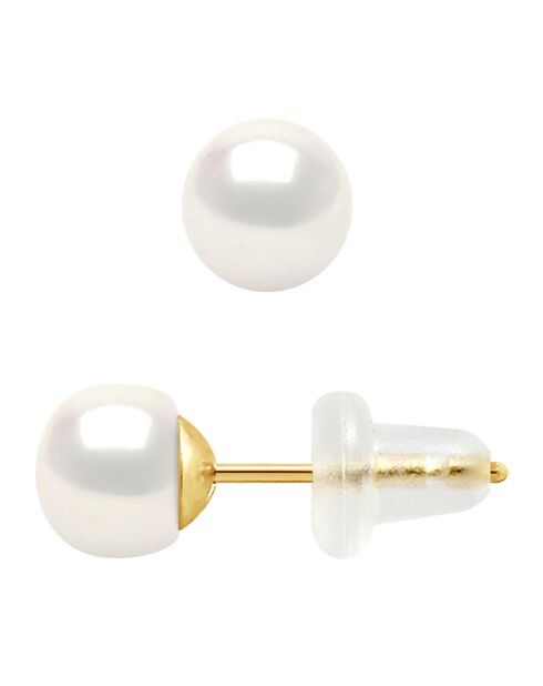 Boucles d'Oreilles Or Jaune & Perles d'Eau Douce boutons blanc naturel