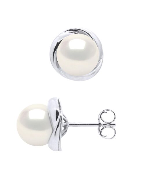 Ohrringe aus Weißgold und natürliche weiße runde Süßwasserperlen