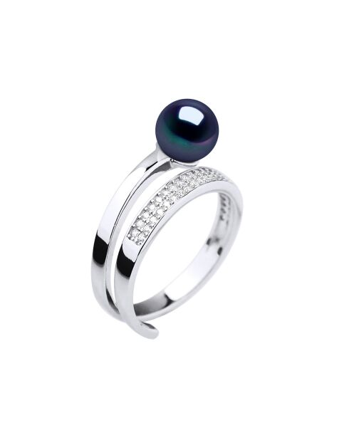 Bague ajustable Argent Rhodié, Zircone & Perle d'Eau Douce ronde noire