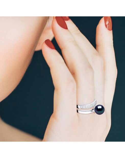 Bague ajustable Argent Rhodié, Zircone & Perle d'Eau Douce ronde noire