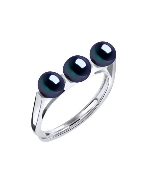Bague ajustable Trilogie Argent Rhodié & 3 Perles d'Eau Douce boutons noires
