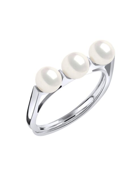 Bague ajustable Trilogie Argent Rhodié & 3 Perles d'Eau Douce boutons blanc naturel