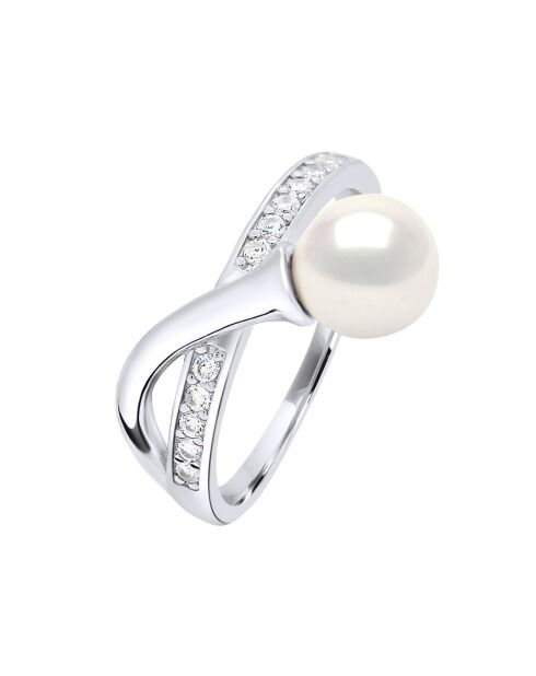 Bague ajustable Argent Rhodié, Zircone & Perle d'Eau Douce ronde blanc naturel