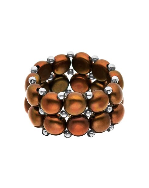 Bague ajustable 2 Rangs Acier & Perles d'Eau Douce rondes marron