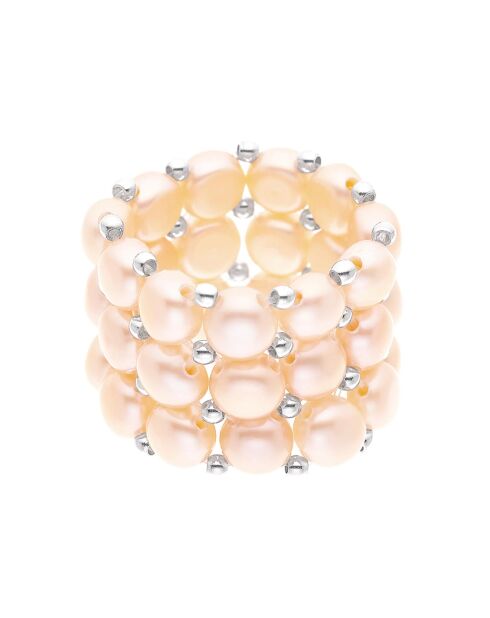 Bague ajustable 3 Rangs Acier & Perles d'Eau Douce rondes roses