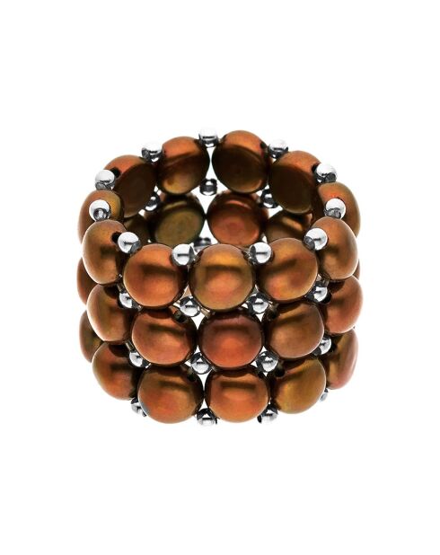 Bague ajustable 3 Rangs Acier & Perles d'Eau Douce rondes marron