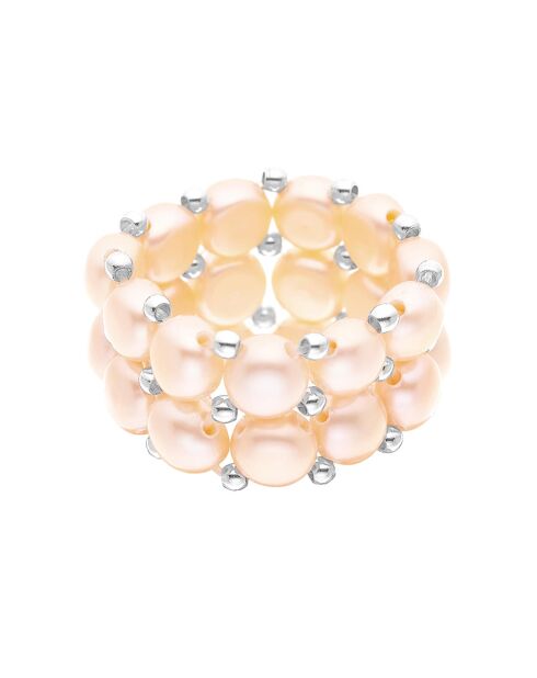 Bague ajustable 2 Rangs Acier & Perles d'Eau Douce rondes roses